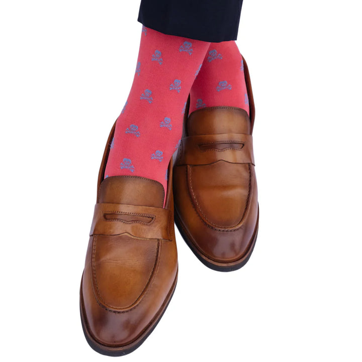 The Shirt Shop Socks- Coral with Azure Blue Skull & Crossbones