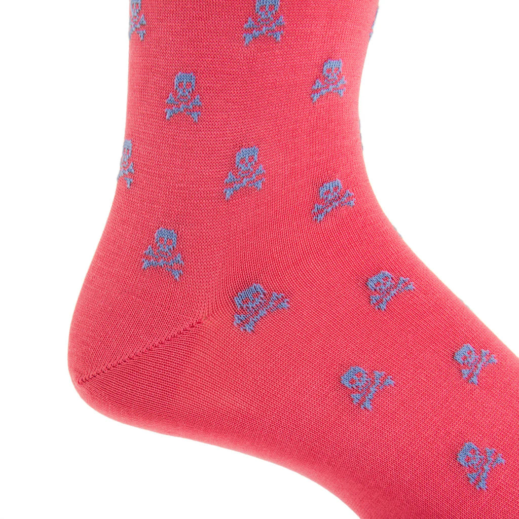The Shirt Shop Socks- Coral with Azure Blue Skull & Crossbones