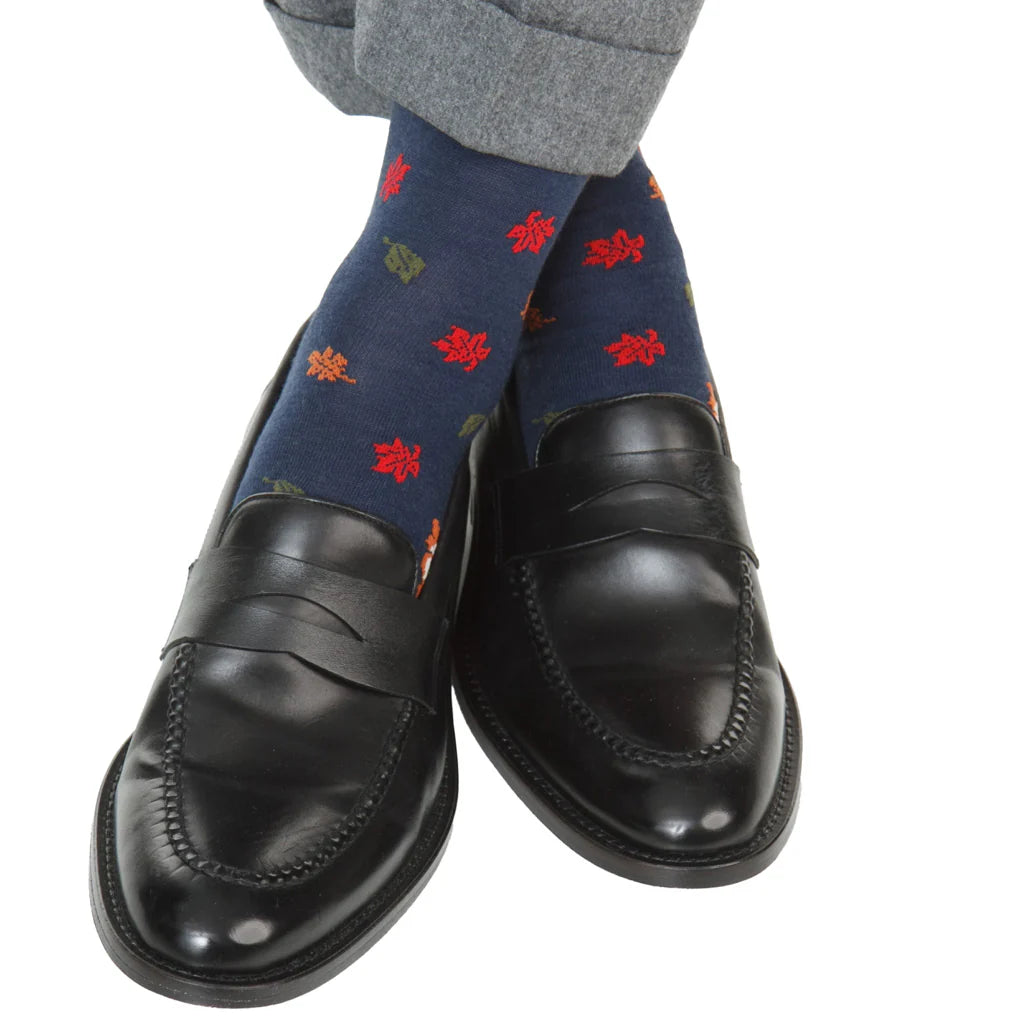 The Shirt Shop Socks- Navy with Fox & Falling Leaves