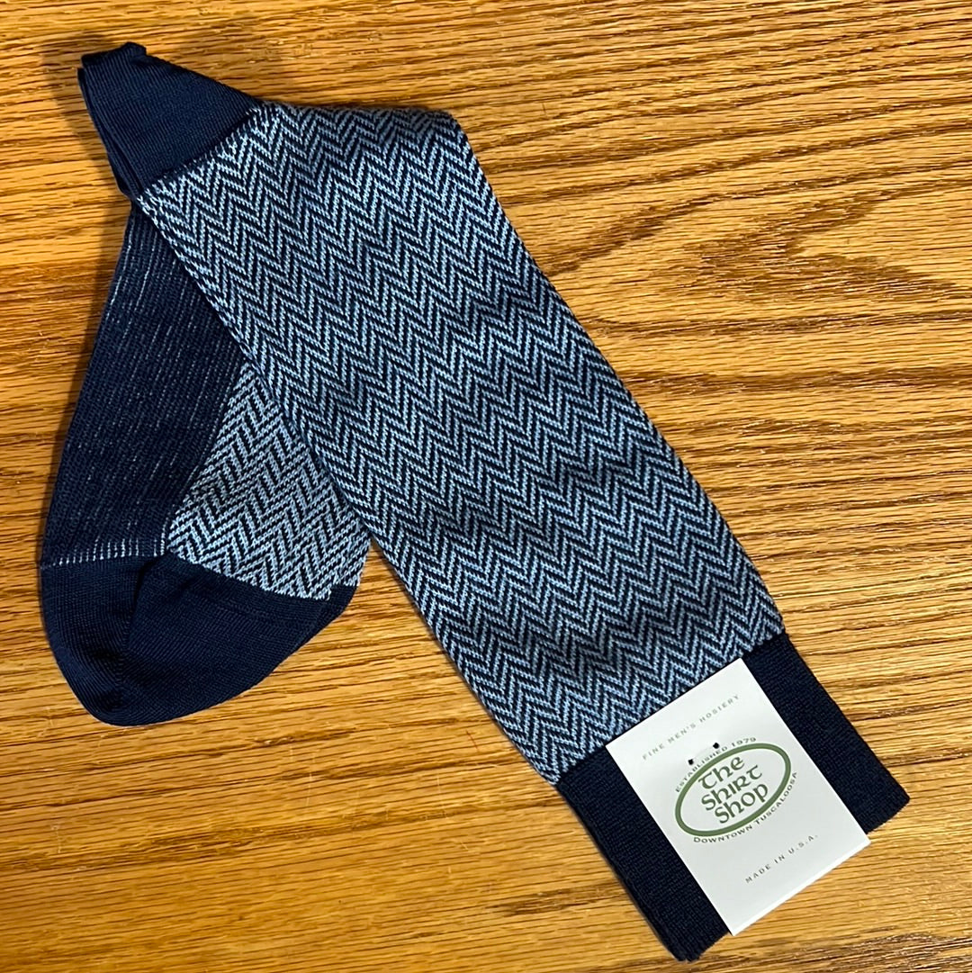 The Shirt Shop Dress Socks - Navy w/ Blue Herringbone (Mid Calf)
