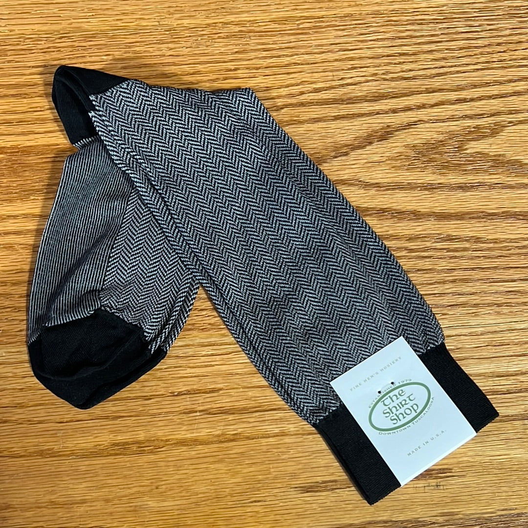 The Shirt Shop Socks (Black and Ash Herringbone Cotton Sock - Mid-Calf)