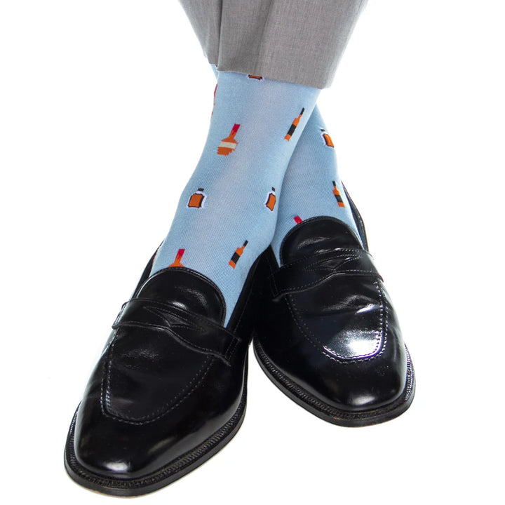 The Shirt Shop Socks- Sky Blue with Bourbon Bottles