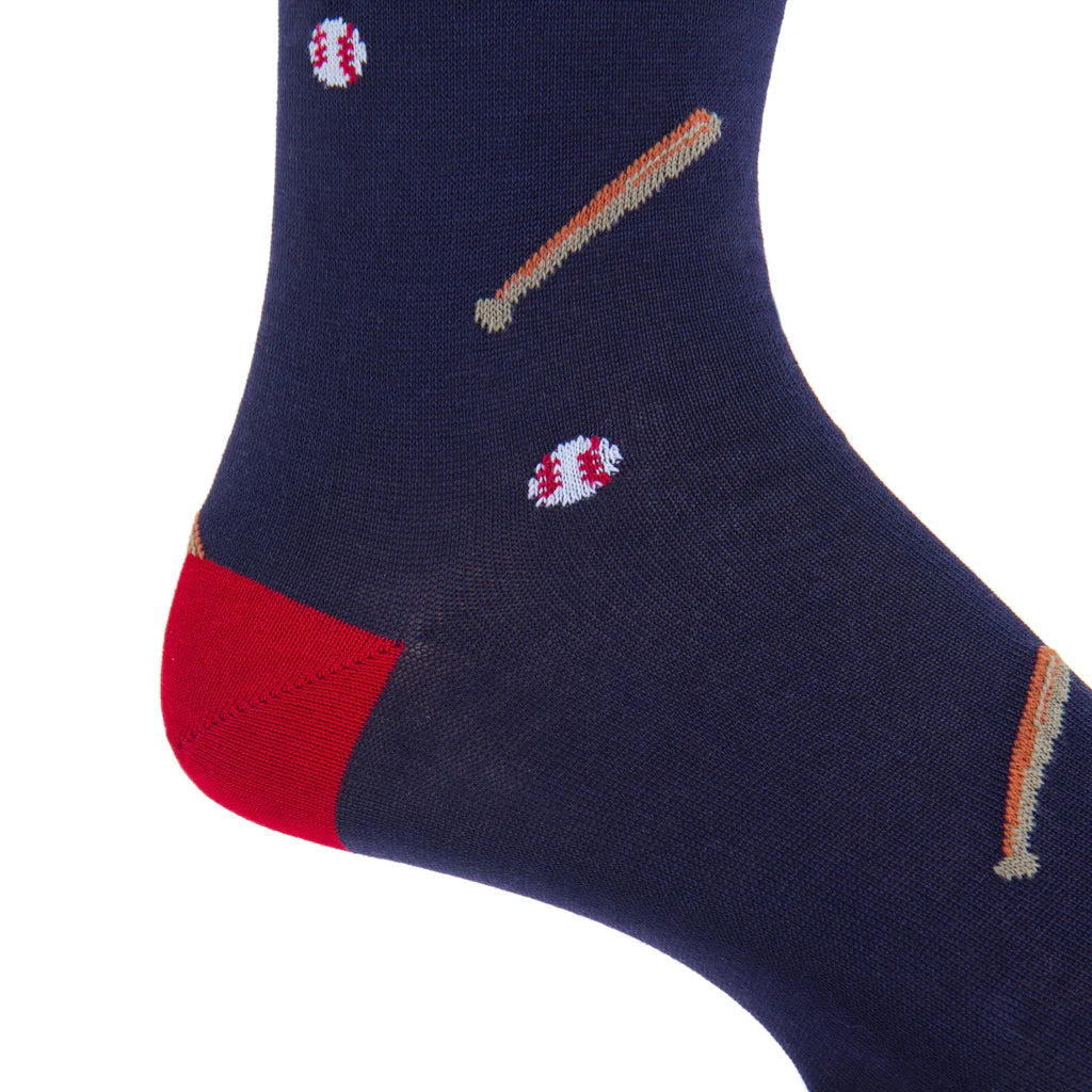 The Shirt Shop Socks - Classic Navy and Red Tipping with Baseball and Bat