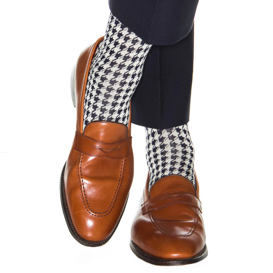 The Shirt Shop Dress Socks - Navy Houndstooth with Red Tipping