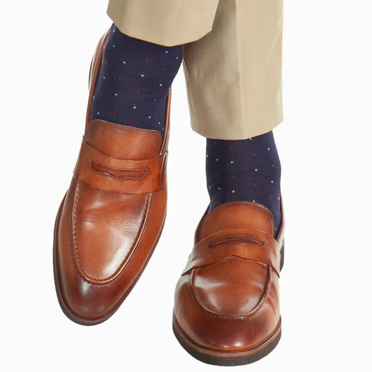 The Shirt Shop Dress Socks - Navy with Flags and Pindots (2 Lengths)