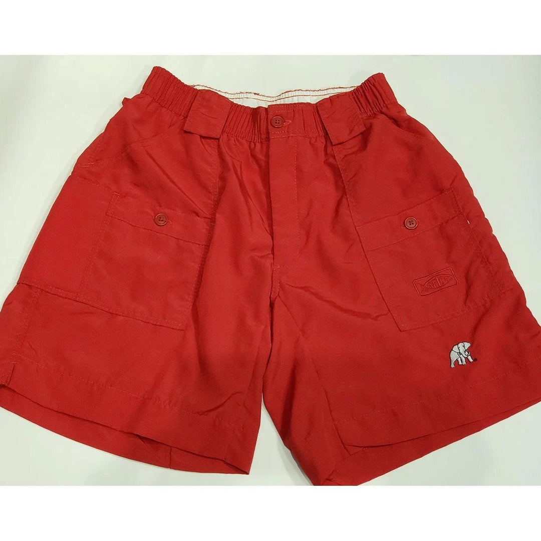 Red Aftco shorts with elephant logo