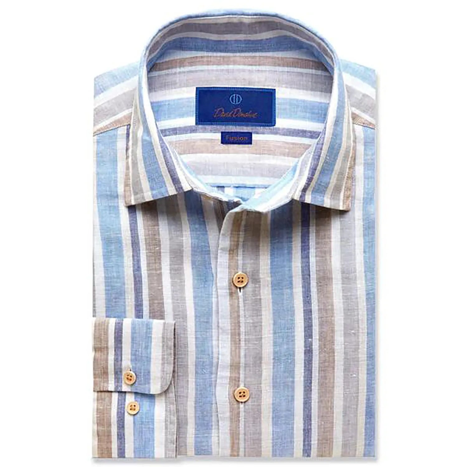David Donahue Blue and Tan Stripe Linen Shirt
