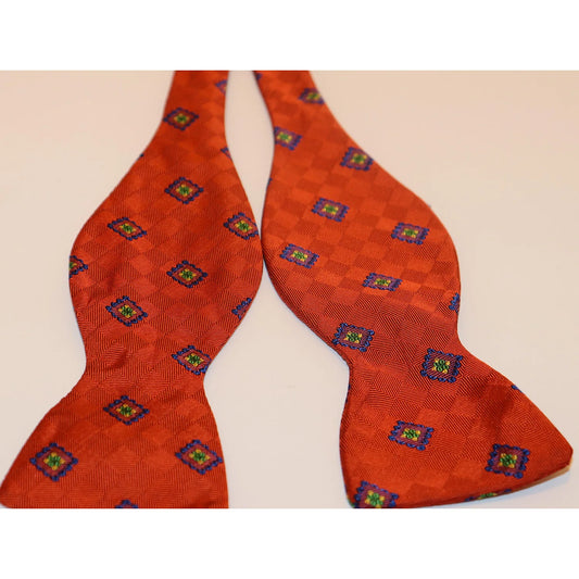 R. Hanauer Bow Tie - Orange Check with Blue Medallions