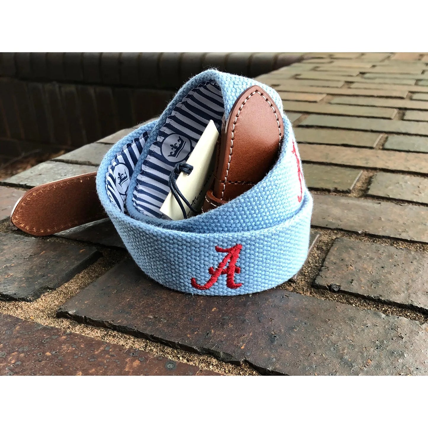 Peter Millar Logo Stitched Belt, light blue with crimson script A