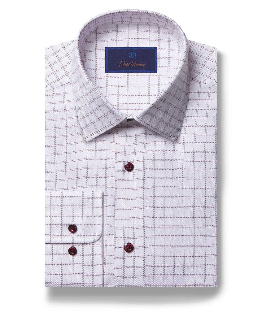 David Donahue Dress Shirt - White/Merlot Herringbone Windowpane (Regular Fit)