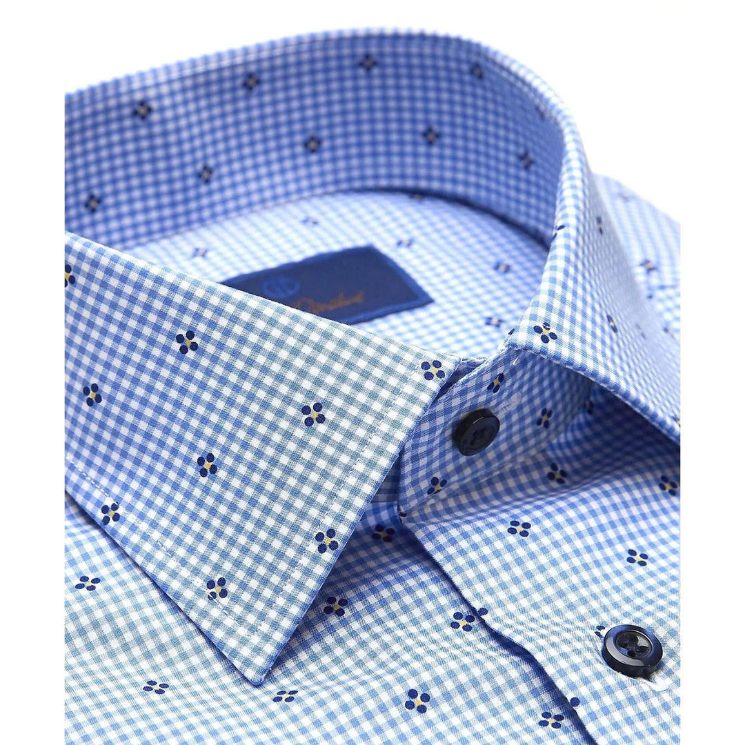 David Donahue Blue Gingham with Floral Print Dress Shirt (Trim Fit)