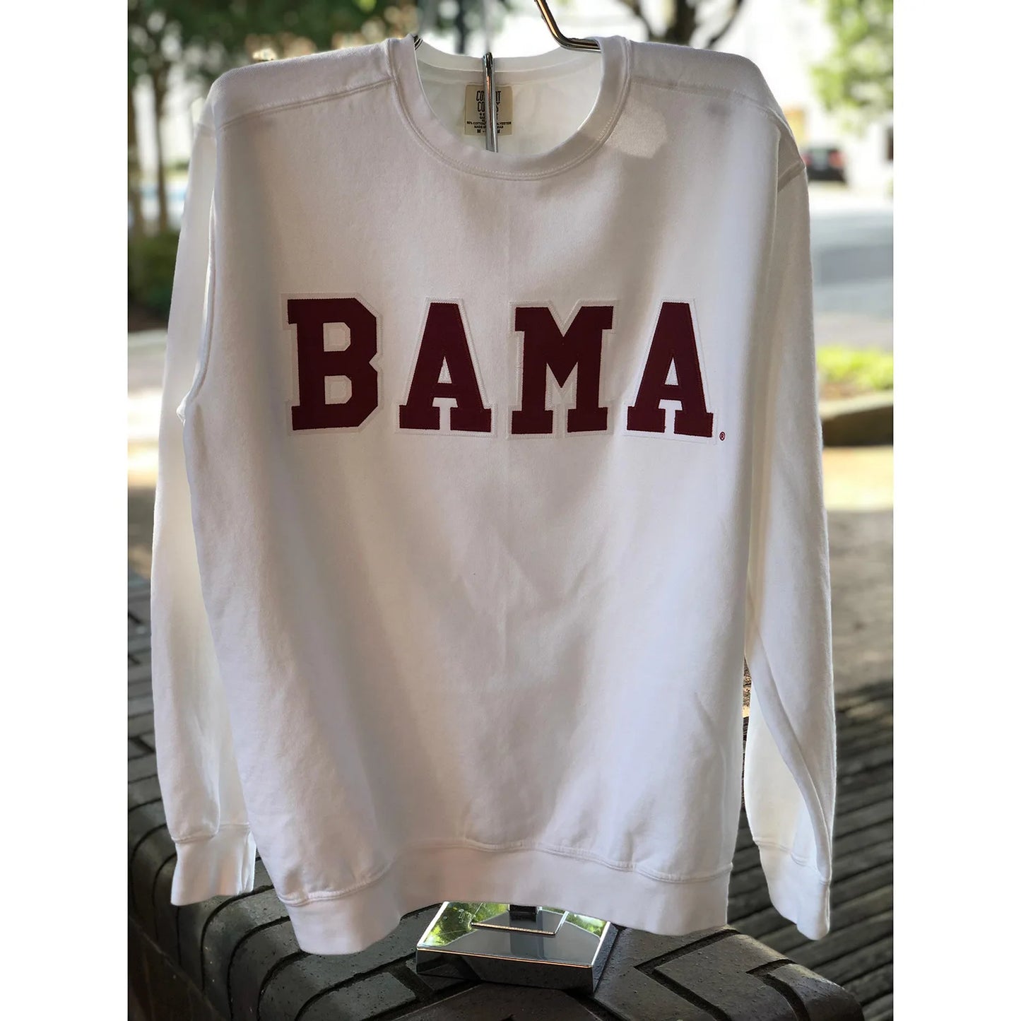 Custom White Alabama Sweatshirt with BAMA across chest in applique letters