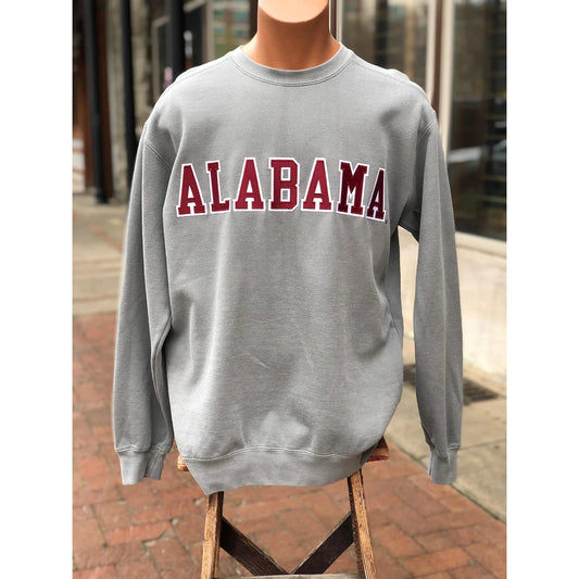 Custom Alabama Gray Sweatshirt with ALABAMA across chest in applique letters