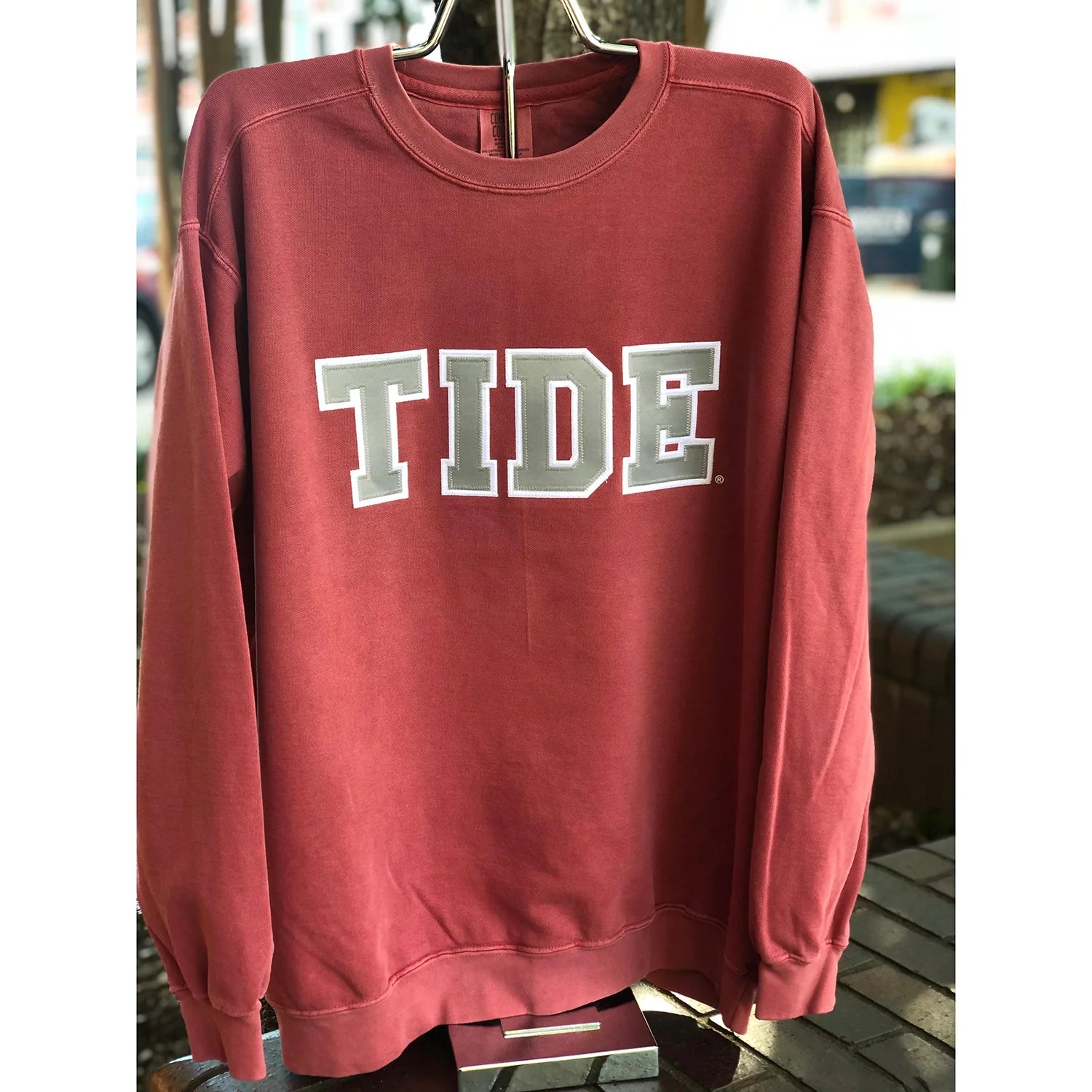 Custom Crimson Alabama Sweatshirt with TIDE across chest in applique letters